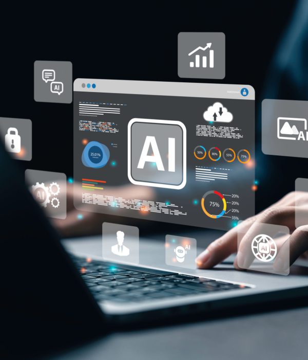 a data analyst using technology AI for working tool for data analysis Chatbot Chat with AI, using technology smart robot AI, artificial intelligence to generate something or Help solve work problems.